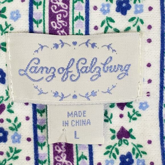 Lanz Of Salzburg Pajama Set Womens Large White Floral Flannel Button Up New - Picture 10 of 14